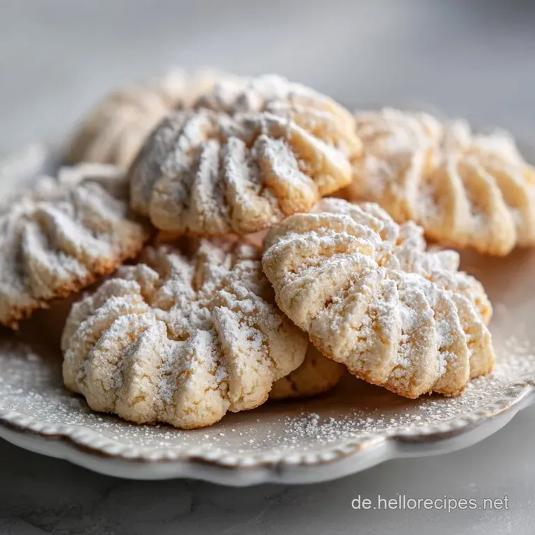 Elegant arrangement of delicate Spritzgeb&auml;ck cookies on a tiered plate, showcasing their intricate shapes and sugary dusti...