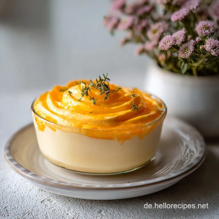 Elegant glass dish filled with smooth, pale orange cream. Garnished with curled zest and mint sprig, showcasing the desser...