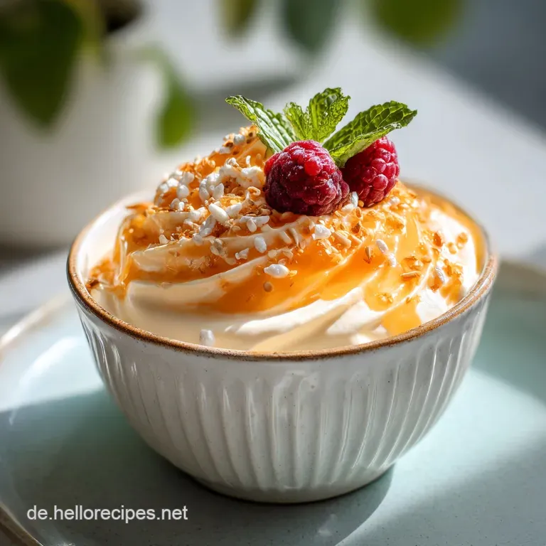 Elegant glass bowl filled with pale orange cream, garnished with delicate orange zest curls. Bright and airy.