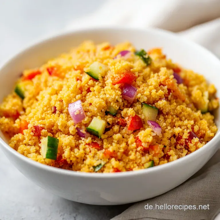 Ein helles Servierplateau mit fluffigem Couscous, garniert mit frischer Minze und einer leuchtend gelben Zitronenspalte.