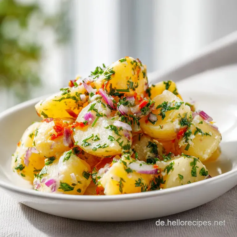 A bright, inviting bowl of potato salad, showcasing soft potato chunks, red onion slivers, and fresh chives.