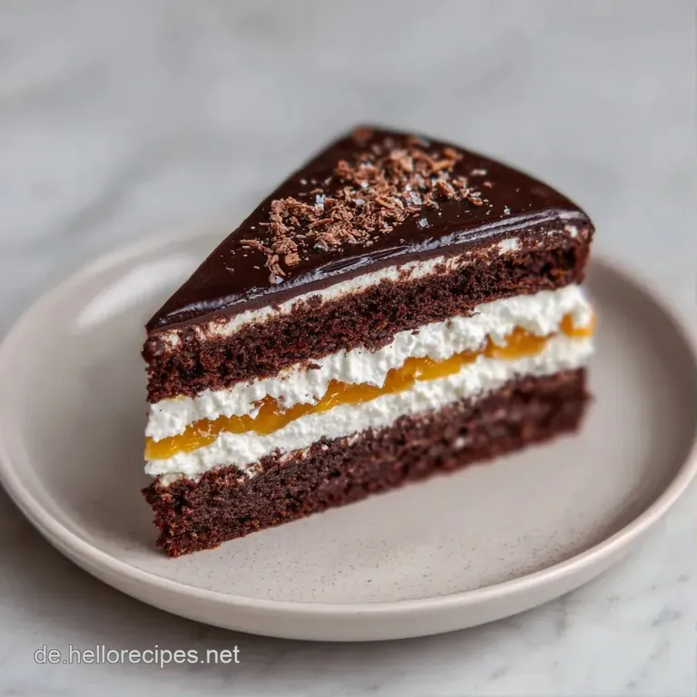 Ein angeschnittenes St&uuml;ck dunkelbraune Torte auf wei&szlig;em Porzellan, serviert mit einem Klecks wei&szlig;er Sahne.