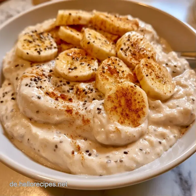 Minimalistisches Glas mit geschichteten, cremigen wei&szlig;en Oats und Bananen auf hellem Holz, daneben ein silberner L&ouml;ffel.