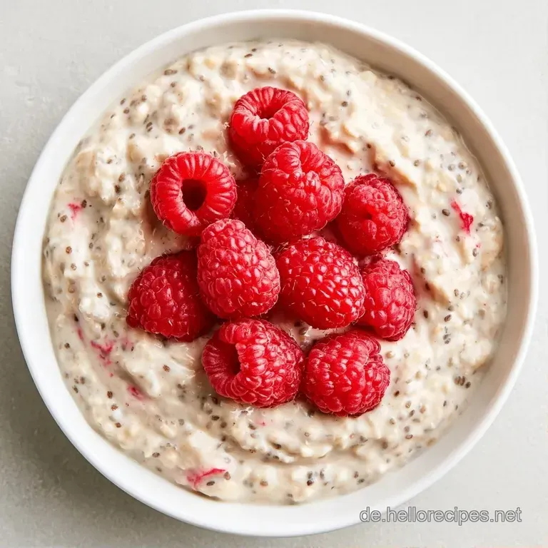 Ein stilvolles Glas mit geschichteten, cremewei&szlig;en Oats und frischen Beeren auf einem hellen Leinentuch im Sonnenlicht.