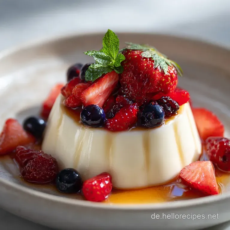 Elegant dessert: Wobbly, creamy panna cotta on a white plate, drizzled with ruby red berry sauce and garnished with delica...