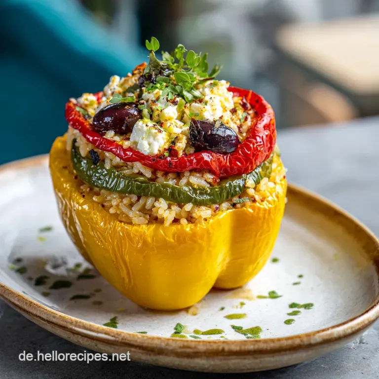 A halved, colorful stuffed pepper showcases a creamy feta and rice filling, steaming slightly. Fresh herbs provide a brigh...