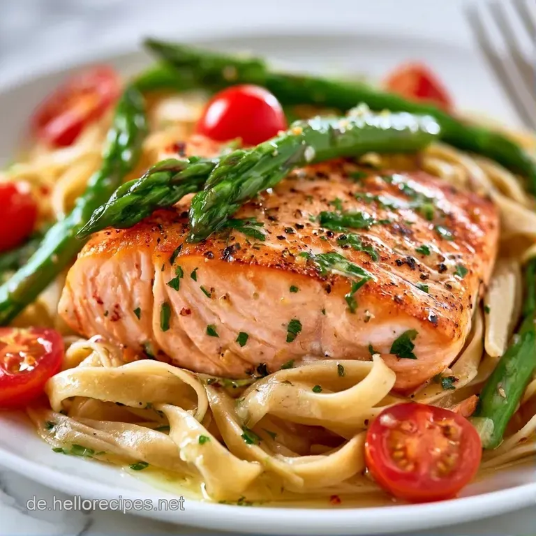 Edel angerichtete Pasta mit knackigem gr&uuml;nen Spargel und gebratenem Lachs, garniert mit frischem, gr&uuml;nem Schnittlauch.