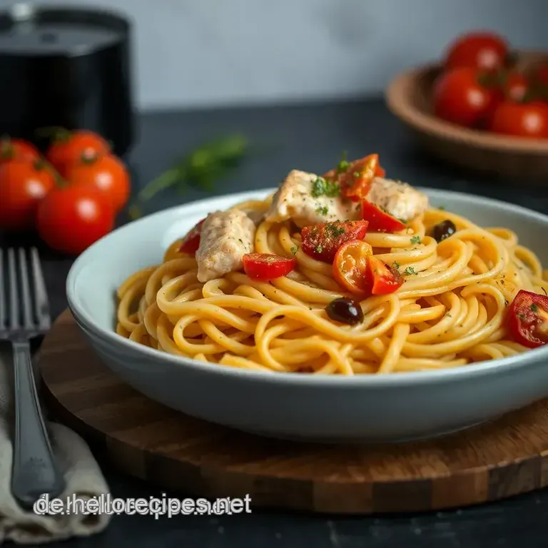 Pasta mit Thunfisch und mediterranen Aromen presentation