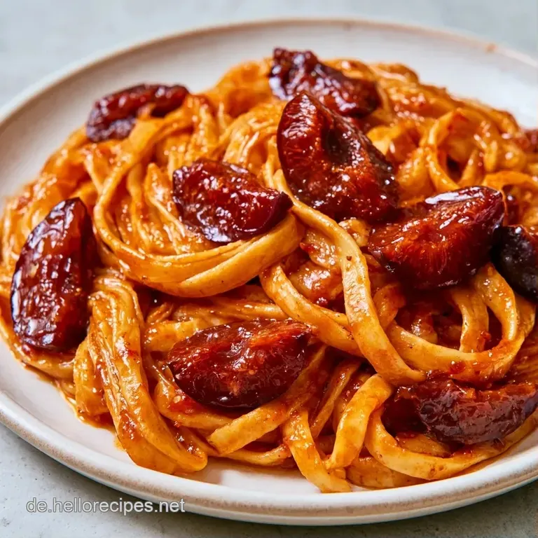 Elegant angerichtete Pasta auf wei&szlig;em Porzellan, garniert mit gl&auml;nzenden, dunkelvioletten Zwetschgen und Kr&auml;utern.