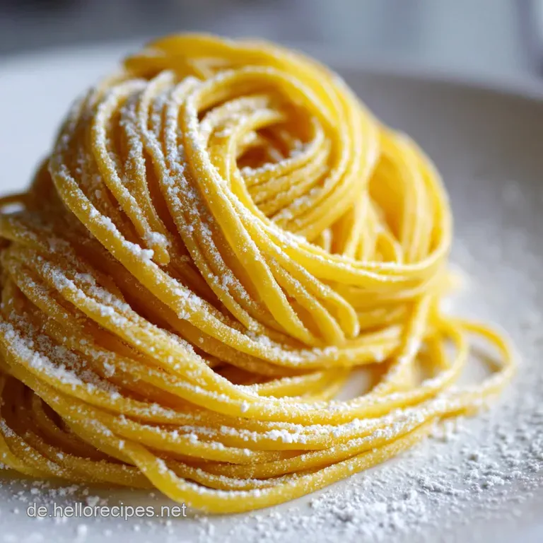 Delicate strands of homemade pasta cascading onto a white plate, glistening with olive oil, waiting for sauce.