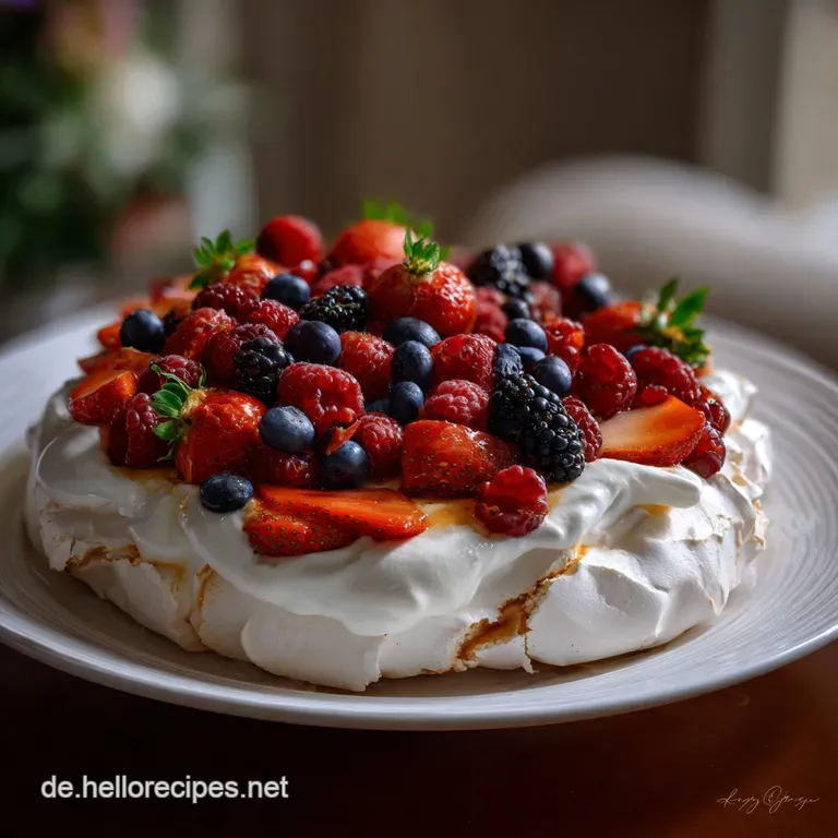 Individual pavlova on a white plate, showcasing a cloud-like meringue base, ruby red berries, and a creamy garnish.