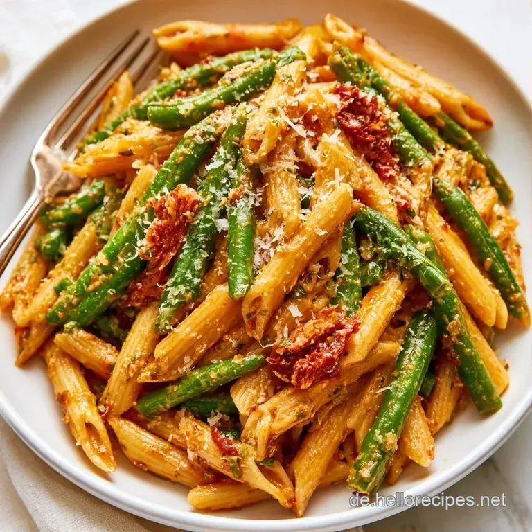 Elegant angerichtete Pasta mit leuchtend gr&uuml;nen Bohnen auf einem rustikalen Teller, garniert mit wei&szlig;em Parmesan.
