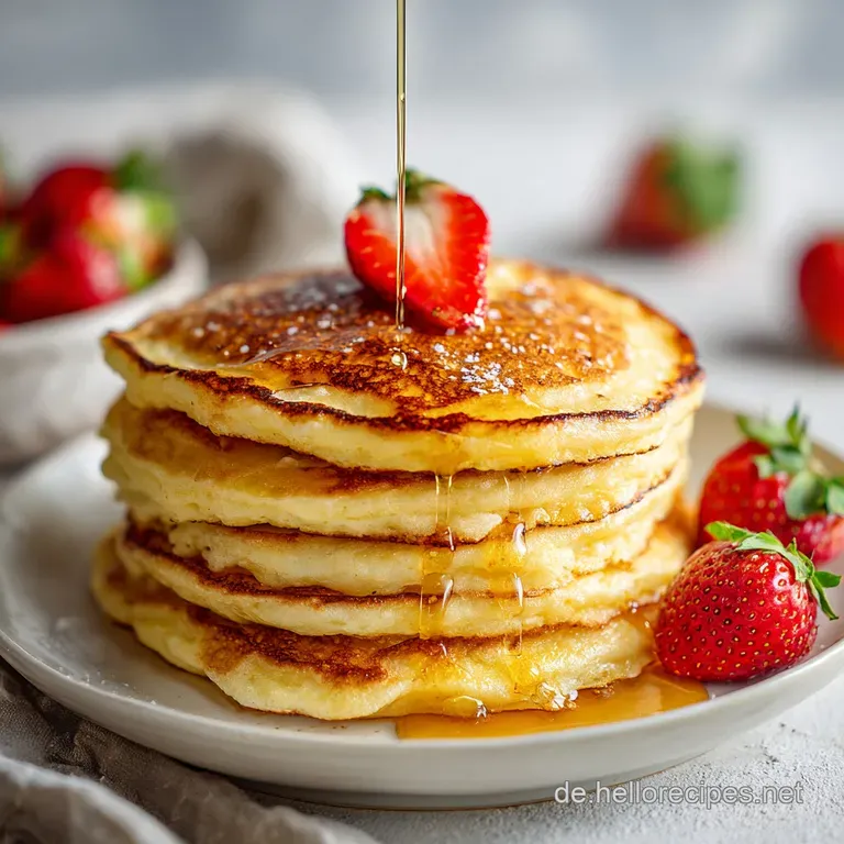 Elegant stack of golden pancakes, topped with fresh berries, a dollop of cream, and a light dusting of powdered sugar.