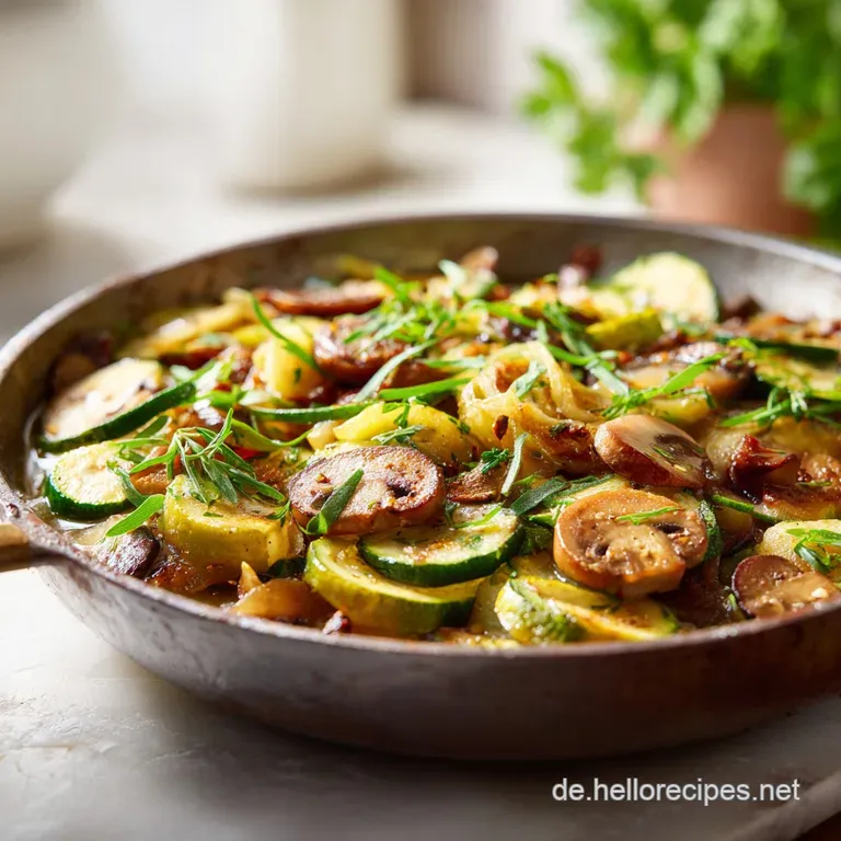 A creamy swirl of mushrooms and zucchini, artfully plated with fresh herbs. Lightly browned edges and a rich, inviting tex...
