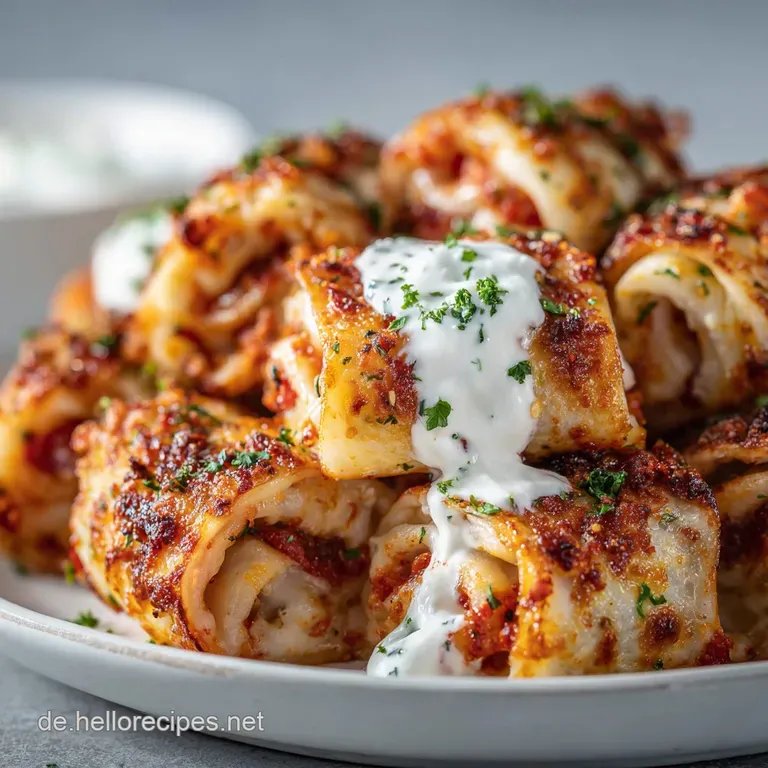 A rustic wooden board holds warm pizza rolls, garnished with fresh herbs, their golden crusts hinting at a soft, cheesy fi...