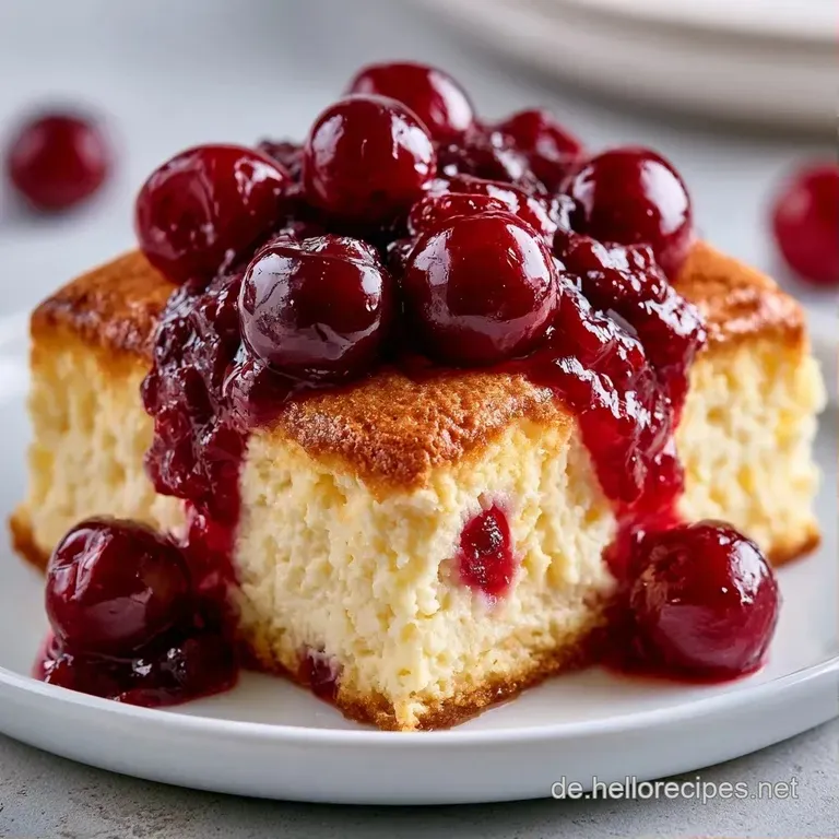 Ein St&uuml;ck fluffiger, wei&szlig;er Quarkauflauf mit gl&auml;nzenden roten Beeren auf einem wei&szlig;en Teller, leicht gepudert.