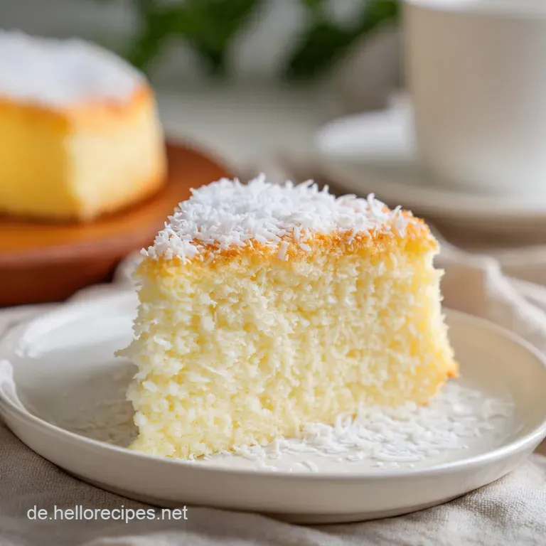 A slice of moist cake with smooth white frosting and delicate coconut flakes on a white plate.