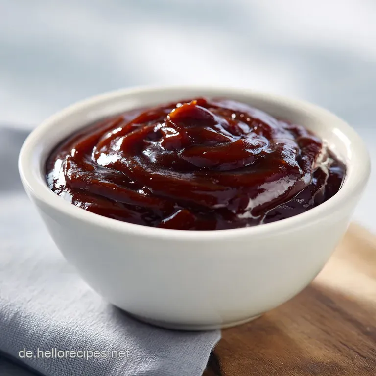 Ein gl&auml;nzender Klecks dunkelbraune Sauce auf einem Holzbrett neben gegrilltem Fleisch und frischen Kr&auml;utern.