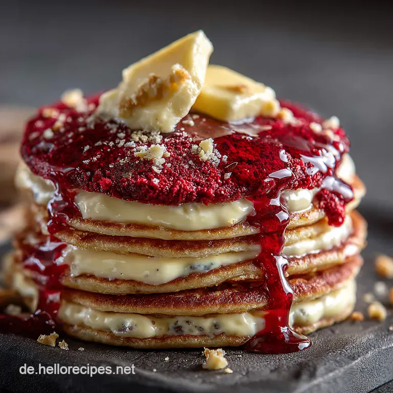 Red Velvet Pancakes Mit Frischk&auml;seguss presentation