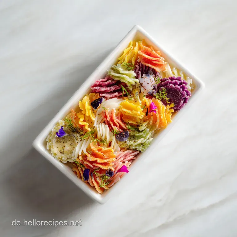 Artfully arranged pasta in a playful bowl, showcasing bright red, yellow, green, and blue strands with scattered peas.