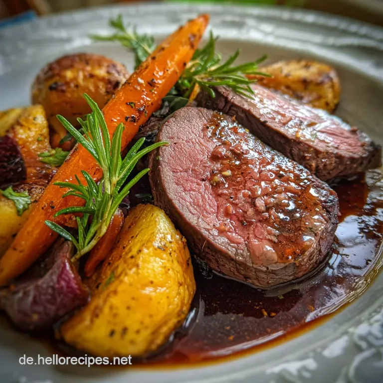 Elegant slice of tender, dark venison with a smooth, glossy sauce, alongside vibrant, roasted root vegetables creating a r...