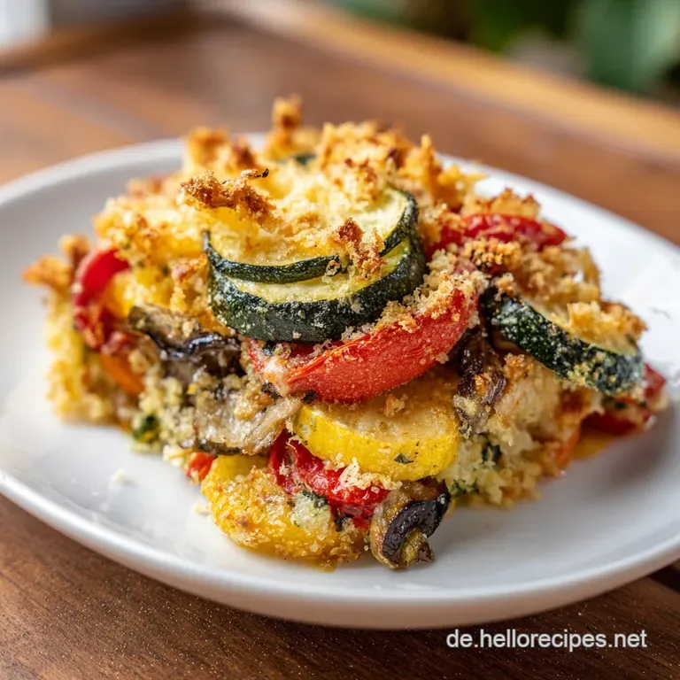 Creamy vegetable bake plated with a sprinkle of fresh herbs, steam rising, fork resting near golden, melted cheese.