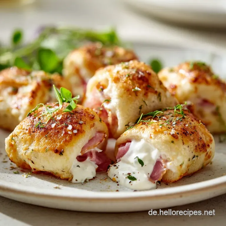 Stacked pizza rolls on a white plate. Steam rises above, hinting at warmth and a soft, airy interior. Herbs provide a fres...
