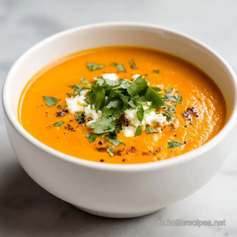 Creamy red lentil soup in a rustic bowl. Garnished with herbs, a drizzle of cream, and a side of crusty bread.
