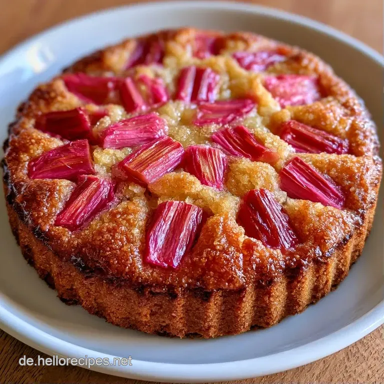 Ein St&uuml;ck hellgoldener Kuchen auf wei&szlig;em Porzellan, saftige rote Rhabarberst&uuml;cke und ein Hauch Puderzucker-Finish.