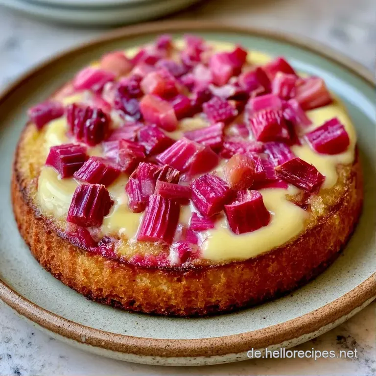 Ein St&uuml;ck cremiger Kuchen auf einem wei&szlig;en Teller, garniert mit frischen, gl&auml;nzenden roten Rhabarberst&uuml;cken.