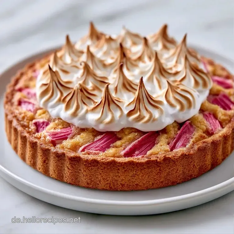 Ein St&uuml;ck helles Kuchengeb&auml;ck mit wei&szlig;em Baiser und rosa Rhabarber auf einem Porzellanteller mit sanftem Lichteinfall.