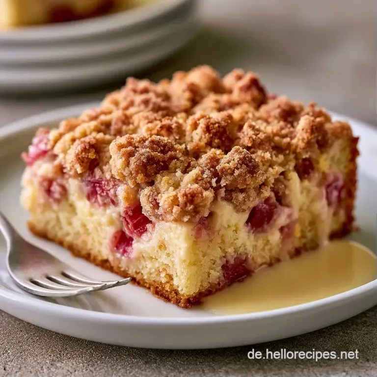 Ein St&uuml;ck goldgelber Kuchen mit rosa Rhabarber auf einem wei&szlig;en Teller, best&auml;ubt mit feinem Puderzucker.