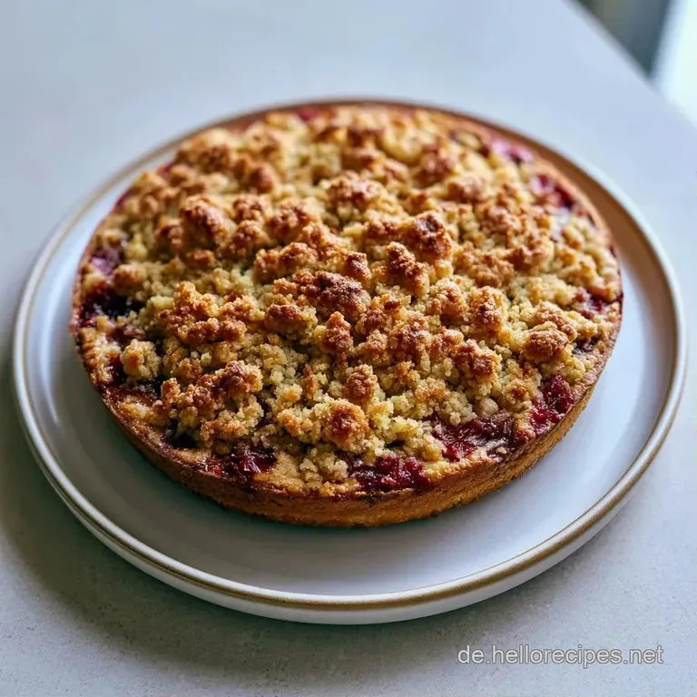 Ein St&uuml;ck goldgelber Kuchen mit leuchtend roten Rhabarberst&uuml;cken auf einem wei&szlig;en Teller, leicht best&auml;ubt mit Puderzucker.