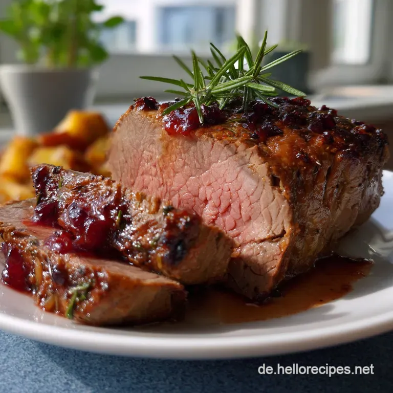 Elegant slices of roast beef fanned on a white plate, drizzled with glossy red wine sauce, garnished with parsley.