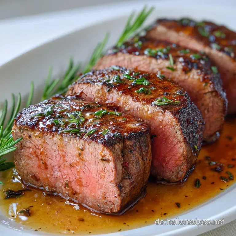 Juicy sliced beef tenderloin arranged atop creamy mashed potatoes, drizzled with rich sauce and garnished with fresh herbs.