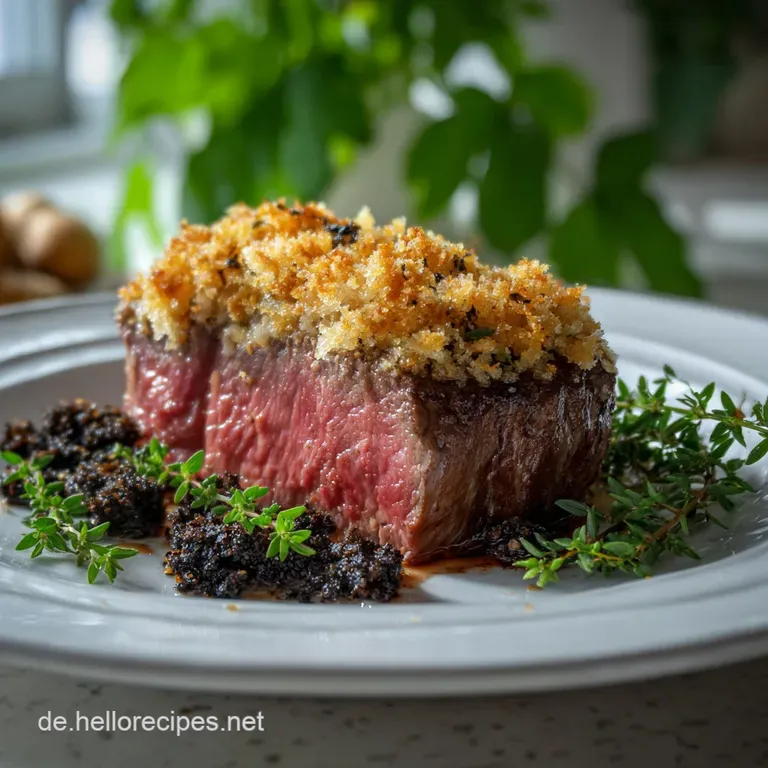 Elegant plate featuring a perfectly seared steak, drizzled with glossy pan sauce, alongside artfully arranged golden potat...