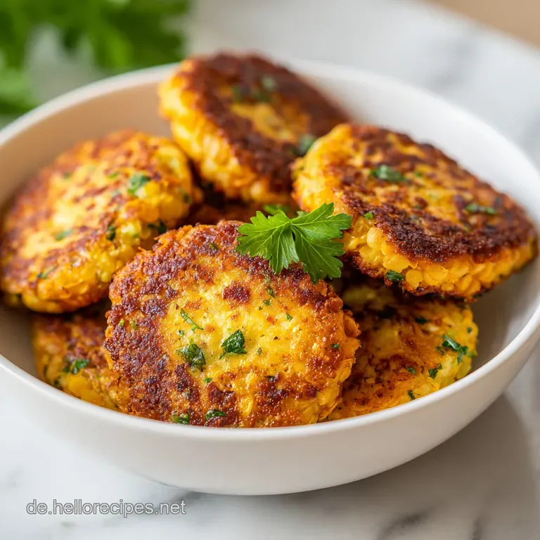 Crisp red lentil fritter, drizzled with a white sauce. Garnished herbs provide a fresh element and pop of color on the plate.