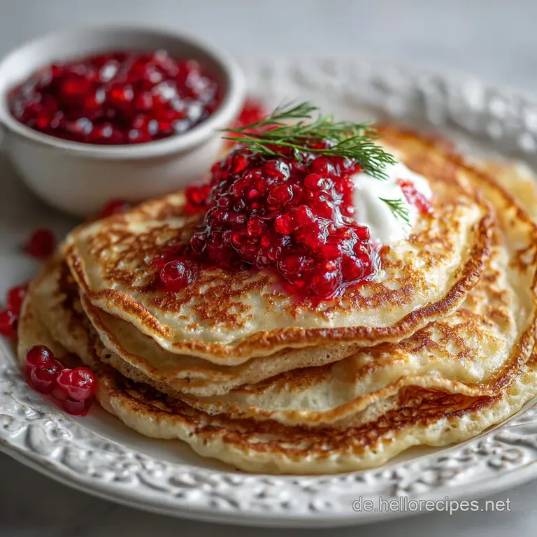 Delicate blini arranged on a white plate, accented by bright lemon wedges and fresh dill sprigs, hinting at a savory delight.