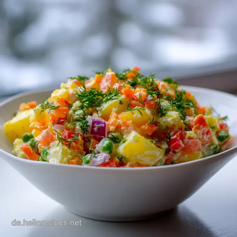 Elegant Russian salad in a clear bowl, creamy texture, pops of color from peas, carrots, and potatoes. Garnish with dill.