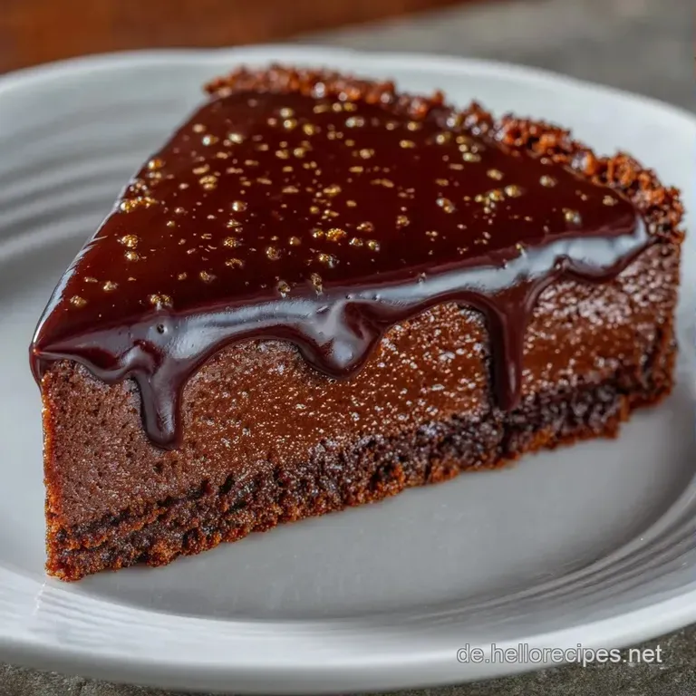 Ein St&uuml;ck gl&auml;nzender Schokoladenkuchen auf wei&szlig;em Porzellan, daneben ein luftiger Klecks wei&szlig;er Schlagsahne.