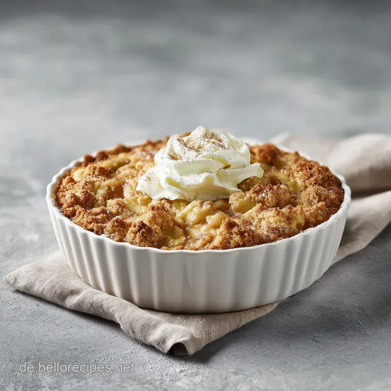A slice of moist apple cake on a white plate, topped with a dollop of whipped cream.