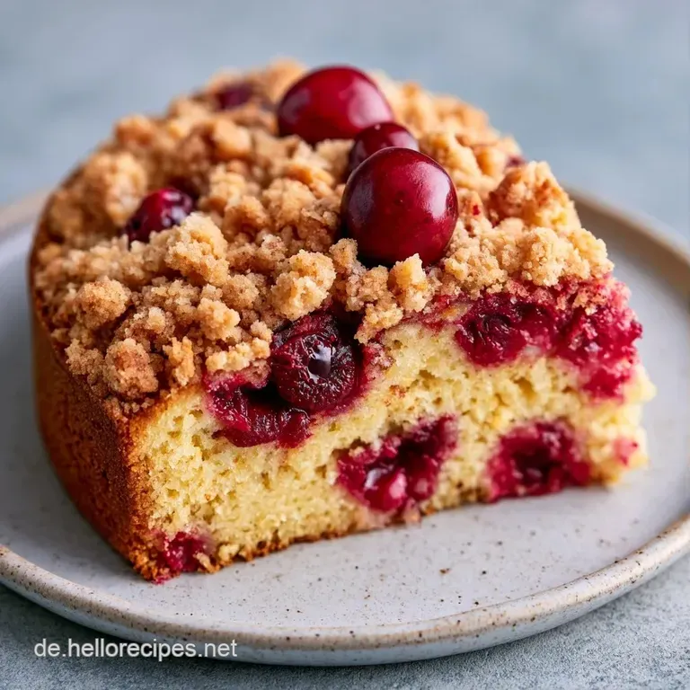 Ein St&uuml;ck saftiger Kuchen auf einem wei&szlig;en Porzellanteller, daneben frische rote Kirschen und eine weiche Serviette.