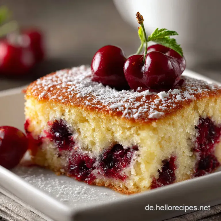 Slice of cherry streusel cake on a white plate, vibrant red cherries peeking through, powdered sugar dusting, inviting bite.