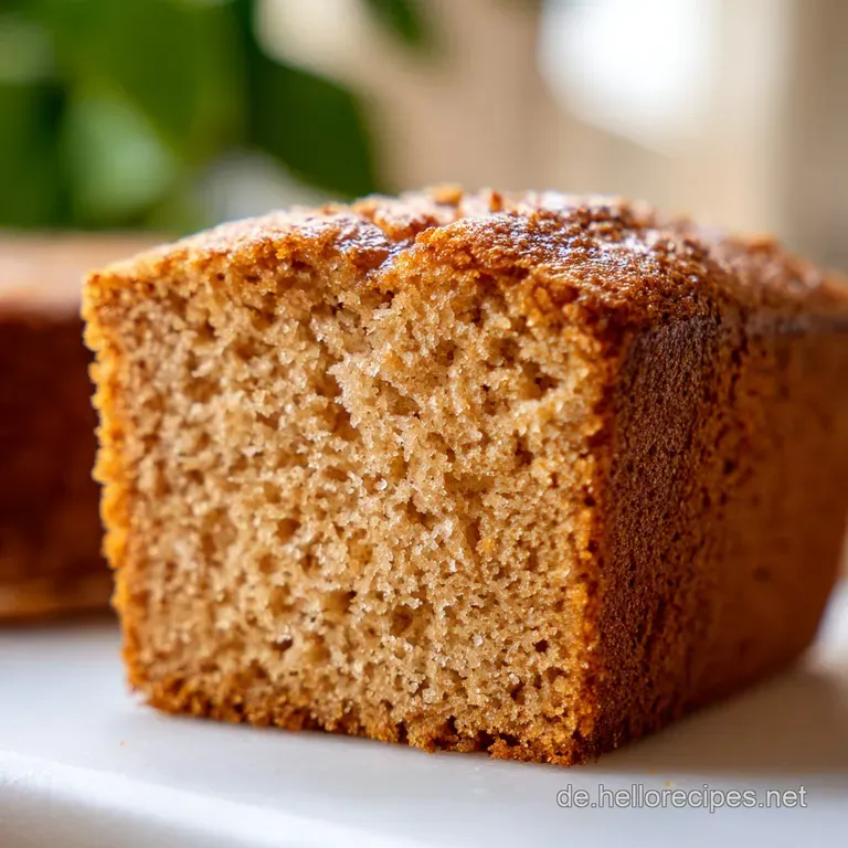 A thick slice of fluffy golden nut cake on a white porcelain plate, accented with a delicate dusting of sugar.