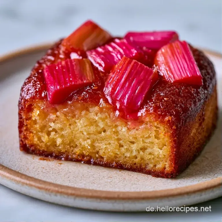 Ein saftiges St&uuml;ck rosa-goldener Kuchen auf einem wei&szlig;en Porzellanteller, garniert mit einem frischen gr&uuml;nen Minzblatt.