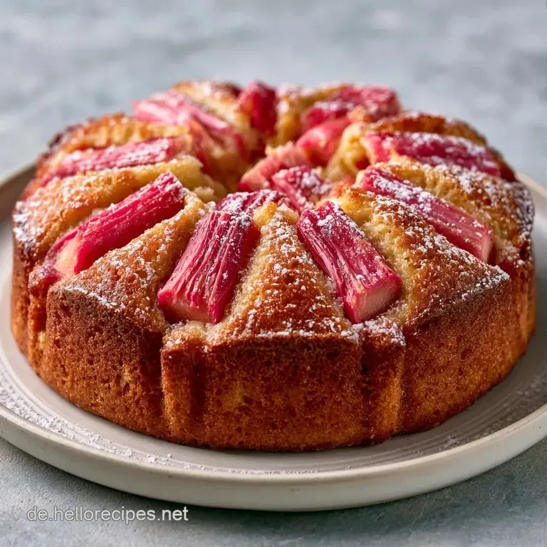 Ein luftiges St&uuml;ck Rhabarberkuchen auf einem wei&szlig;en Porzellanteller, best&auml;ubt mit feinem Puderzucker und Minzblatt.
