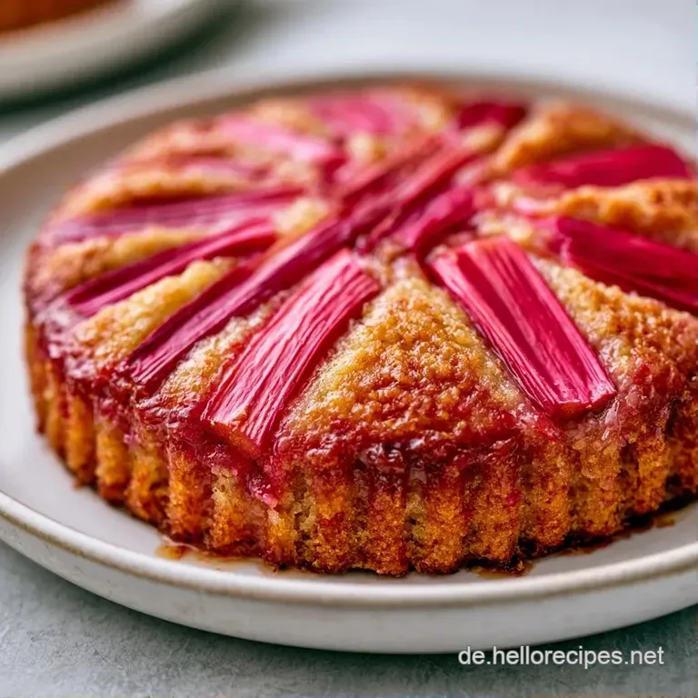 Ein St&uuml;ck Rhabarberkuchen auf wei&szlig;em Porzellan mit einem Klecks wei&szlig;er Sahne und einem frischen gr&uuml;nen Minzblatt.