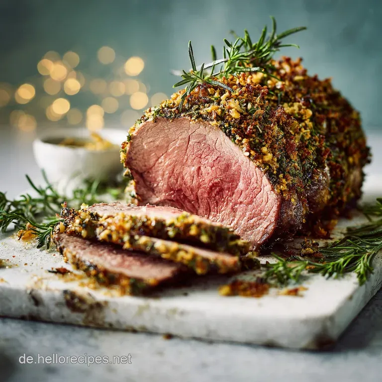 Slices of tender beef arranged artfully on a white plate, drizzled with rich gravy, accompanied by colorful vegetables.
