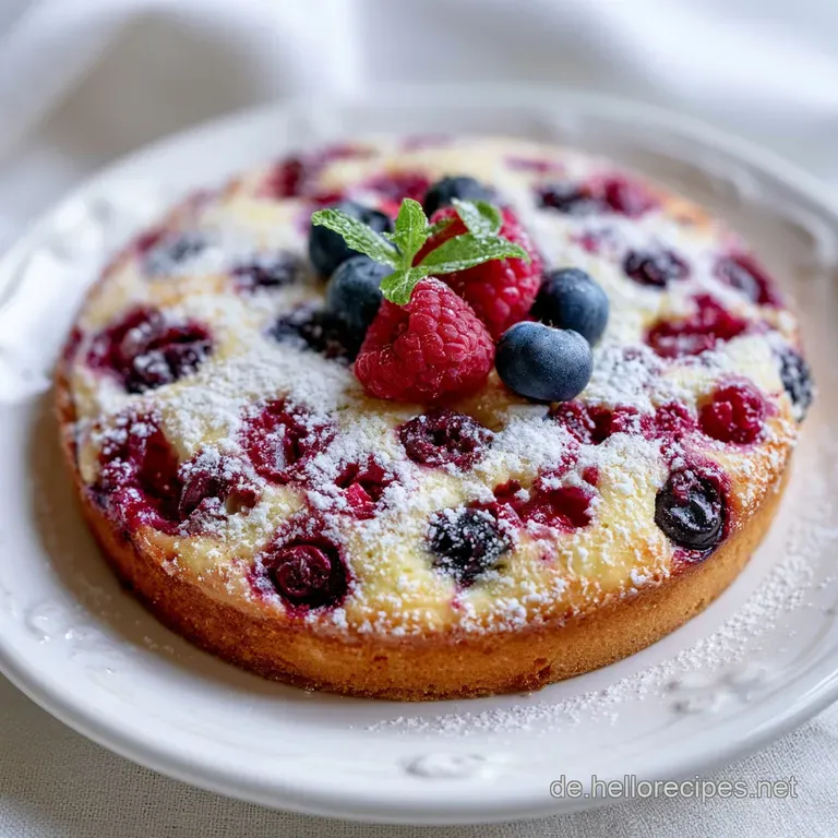 Ein cremiges Kuchenst&uuml;ck auf einem wei&szlig;en Porzellanteller, best&auml;ubt mit feinem Puderzucker und frischen Beeren daneben.