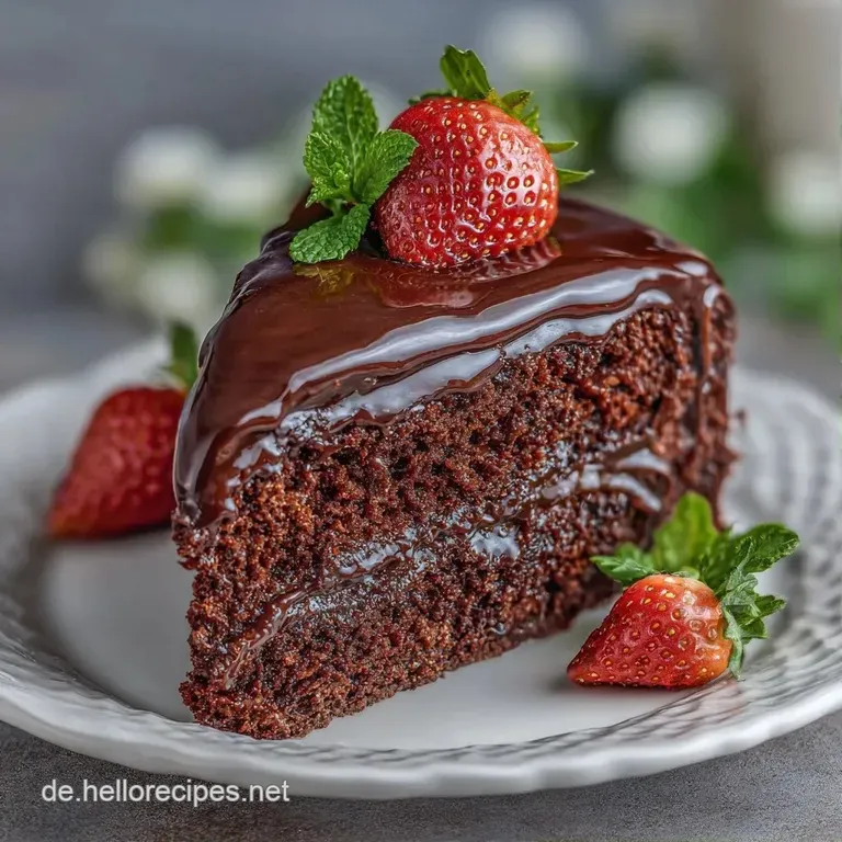 Ein St&uuml;ck saftiger, dunkelbrauner Schokoladenkuchen auf wei&szlig;em Porzellan, garniert mit einer frischen roten Beere.